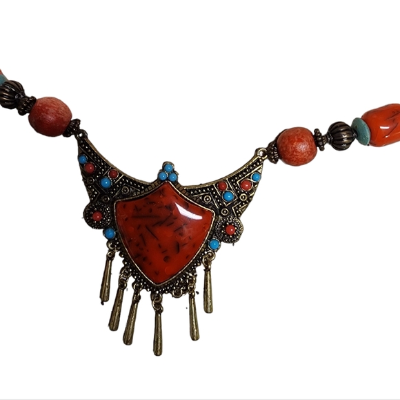 Vintage Beaded red and turquoise tribal necklace with large red stone - Picture 7 of 9